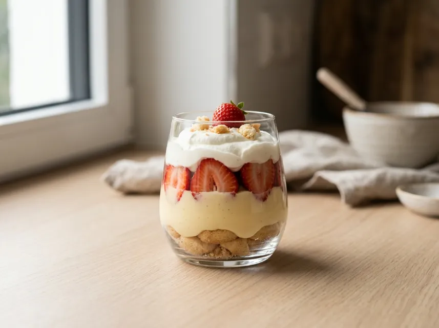 Erdbeer-Raffaello-Dessert im Glas mit Kokosraspeln