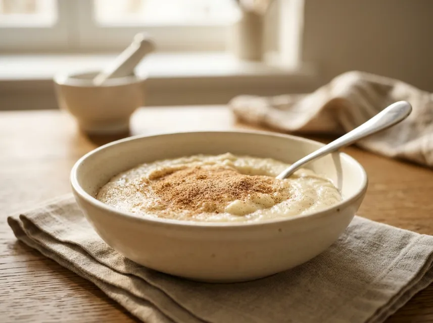 Cremiger Grießbrei mit Zimt und Zucker bestreut