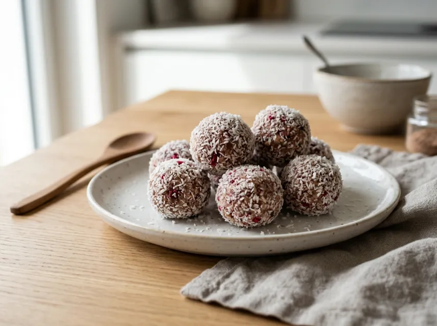 Gesunde Kokos-Himbeer-Kugeln proteinreich