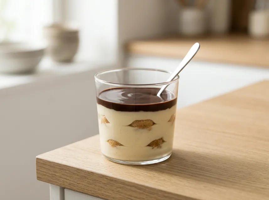 Cremiges Löffelbiskuit-Dessert mit Vanillecreme und Schokoglasur