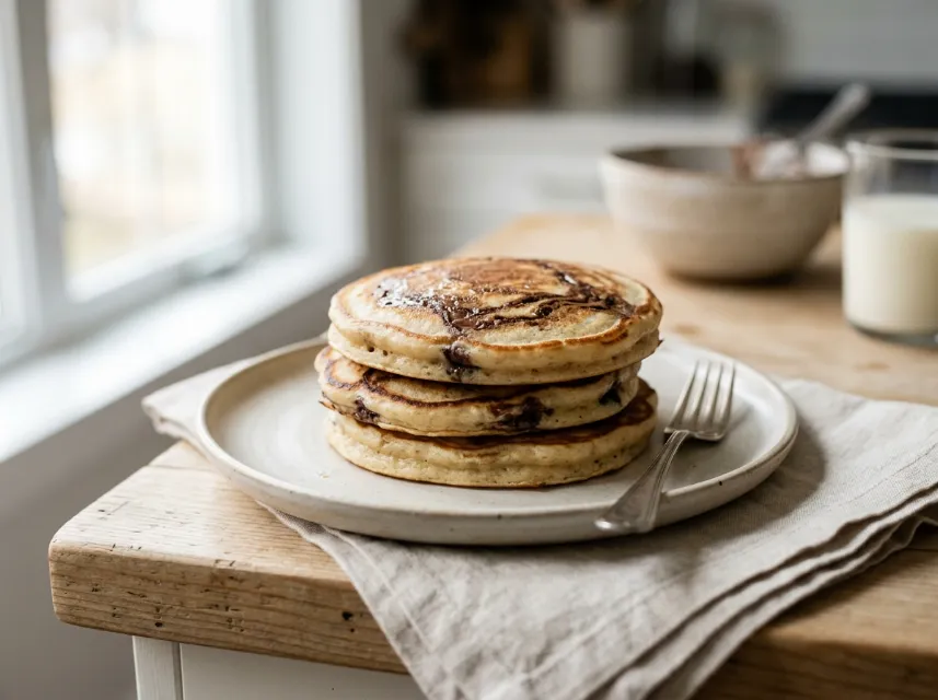 Gestapelte Nutella Pancakes mit fließendem Kern, angeschnitten