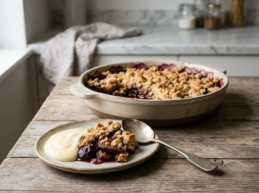 Zimt-Pflaumen-Crumble mit Vanillepudding