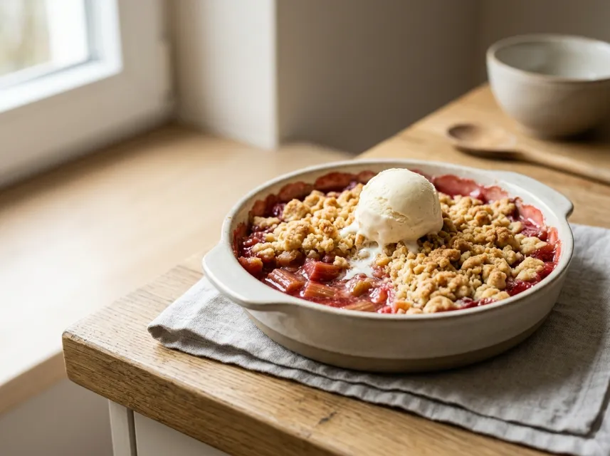 Rhabarber-Crumble mit Vanilleeis und Knusperstreuseln