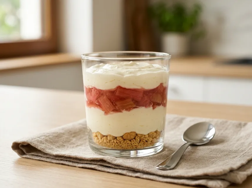 Rhabarber-Schichtdessert im Glas mit Käsekuchencreme
