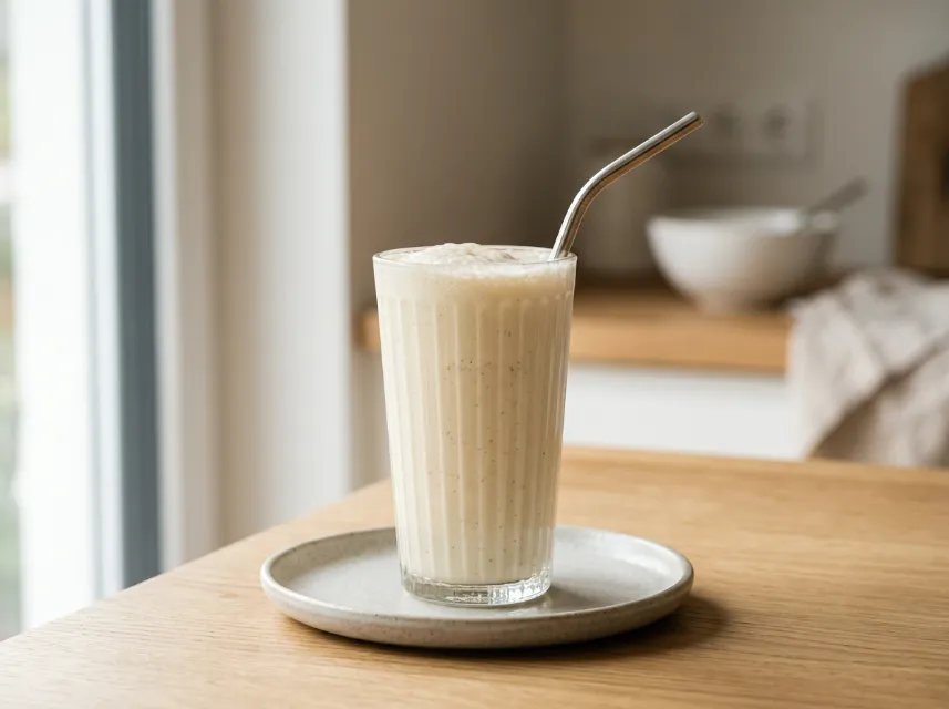 Frisch zubereiteter, cremiger Vanille-Milchshake im Glas mit Schlagsahne und Strohhalm